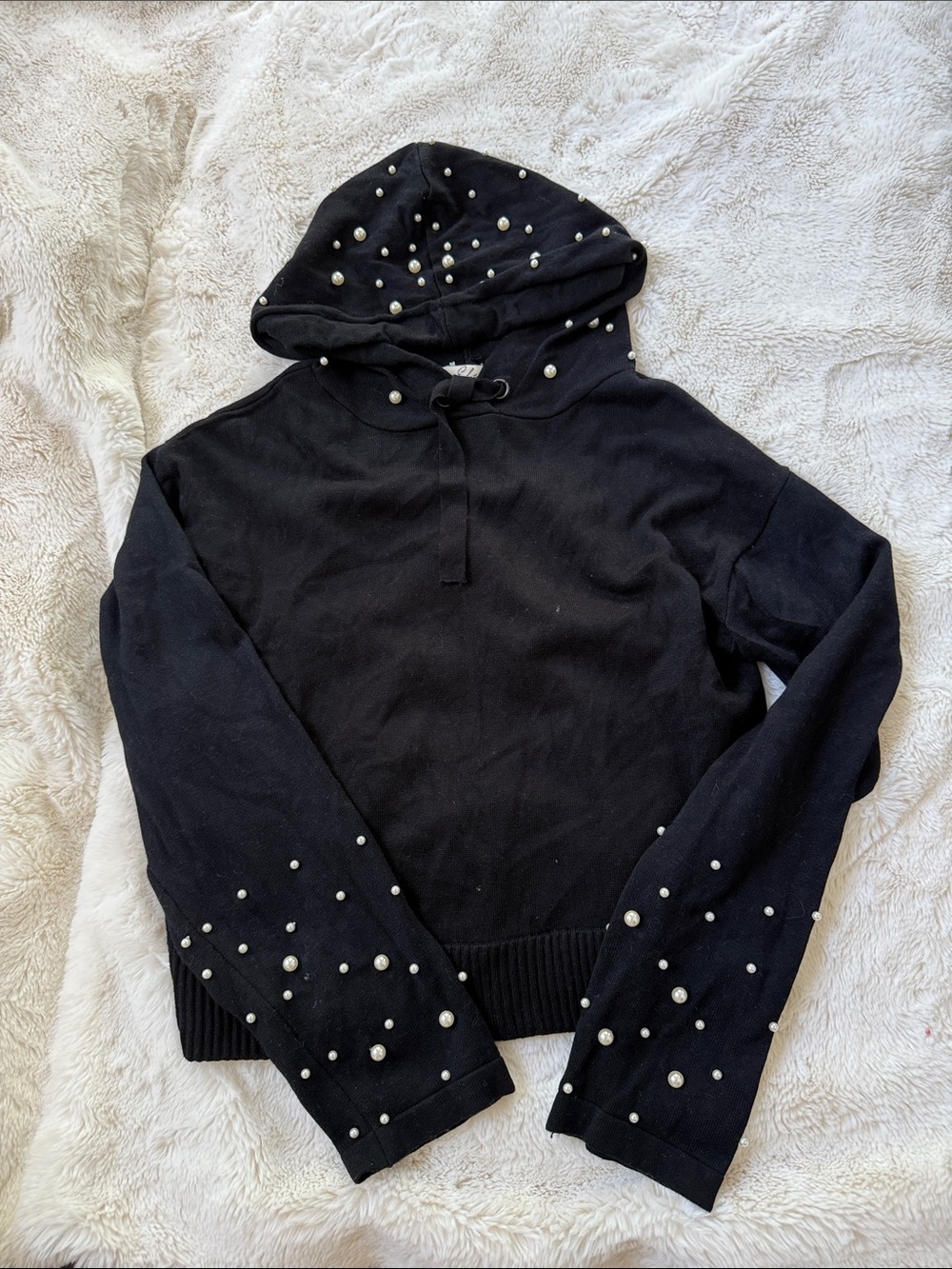 Elan Pearl-Embellished Black Hoodie Sweater - Women's